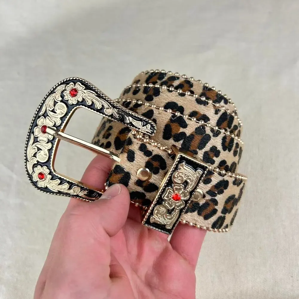 Vintage style cheetah leopard print fur belt western tan and brown bedazzled